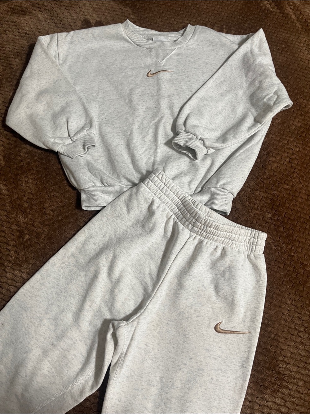 Nike Kids Light Heather Gray Sweatshirt & Joggers with Taupe Swoosh